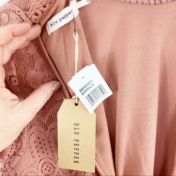 Blu Pepper Lace Mock Neck Mini Dress Pink Blush - Picture 11 of 15